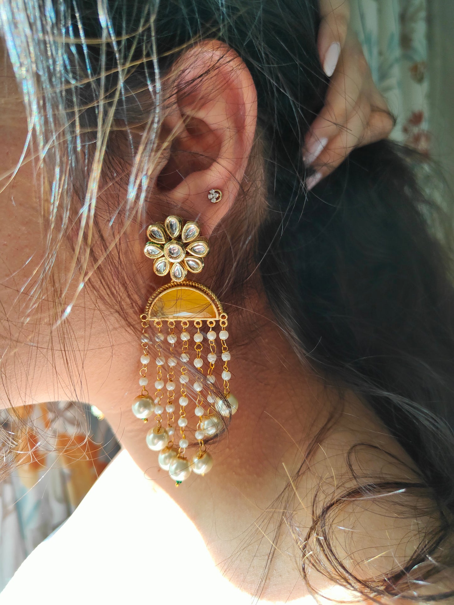 Golden Drape Pearl Chandelier Earrings