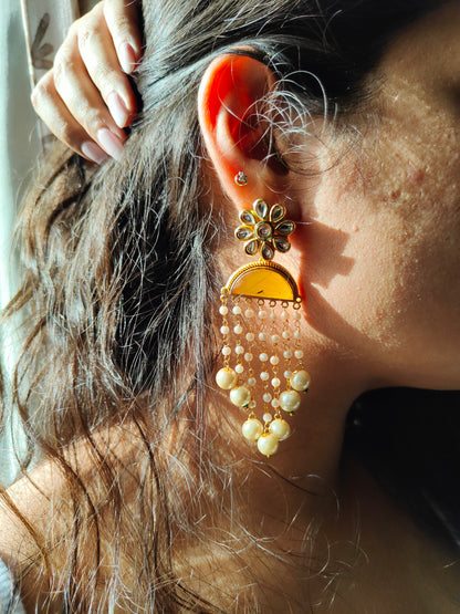Golden Drape Pearl Chandelier Earrings
